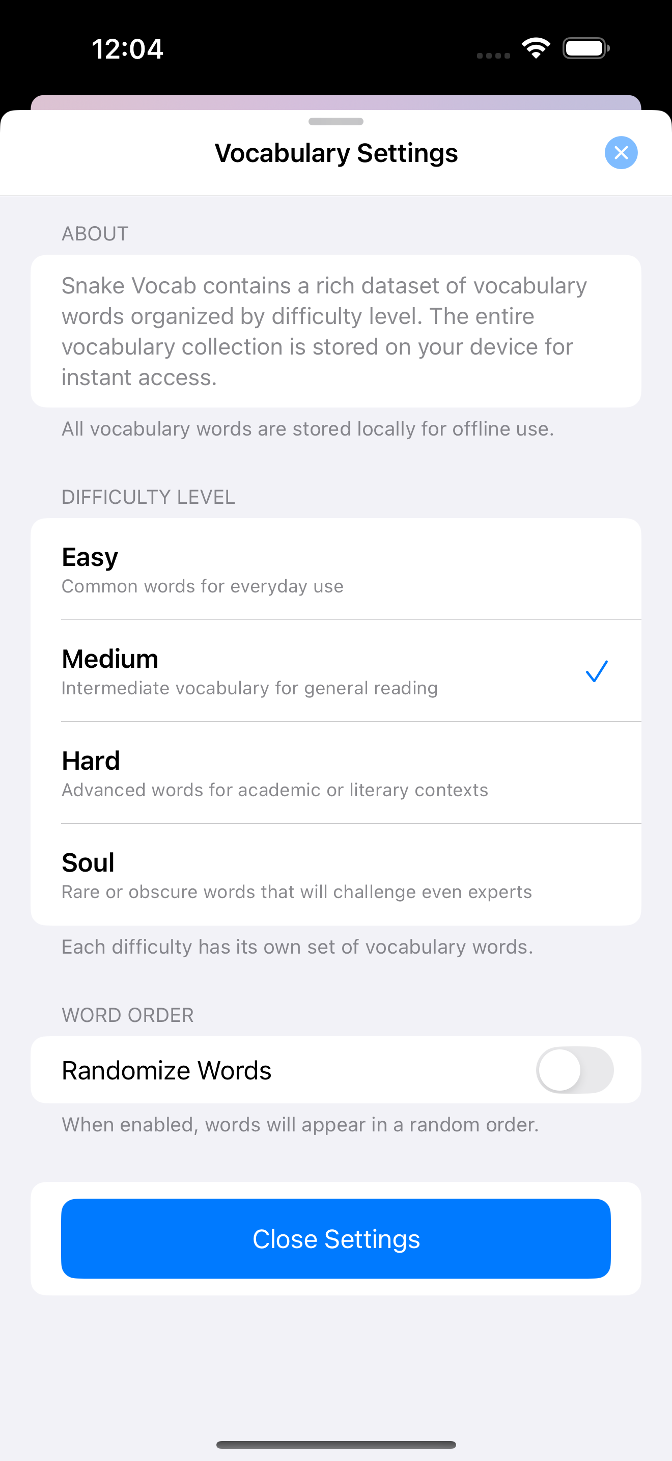 Snake Vocab difficulty settings screen
