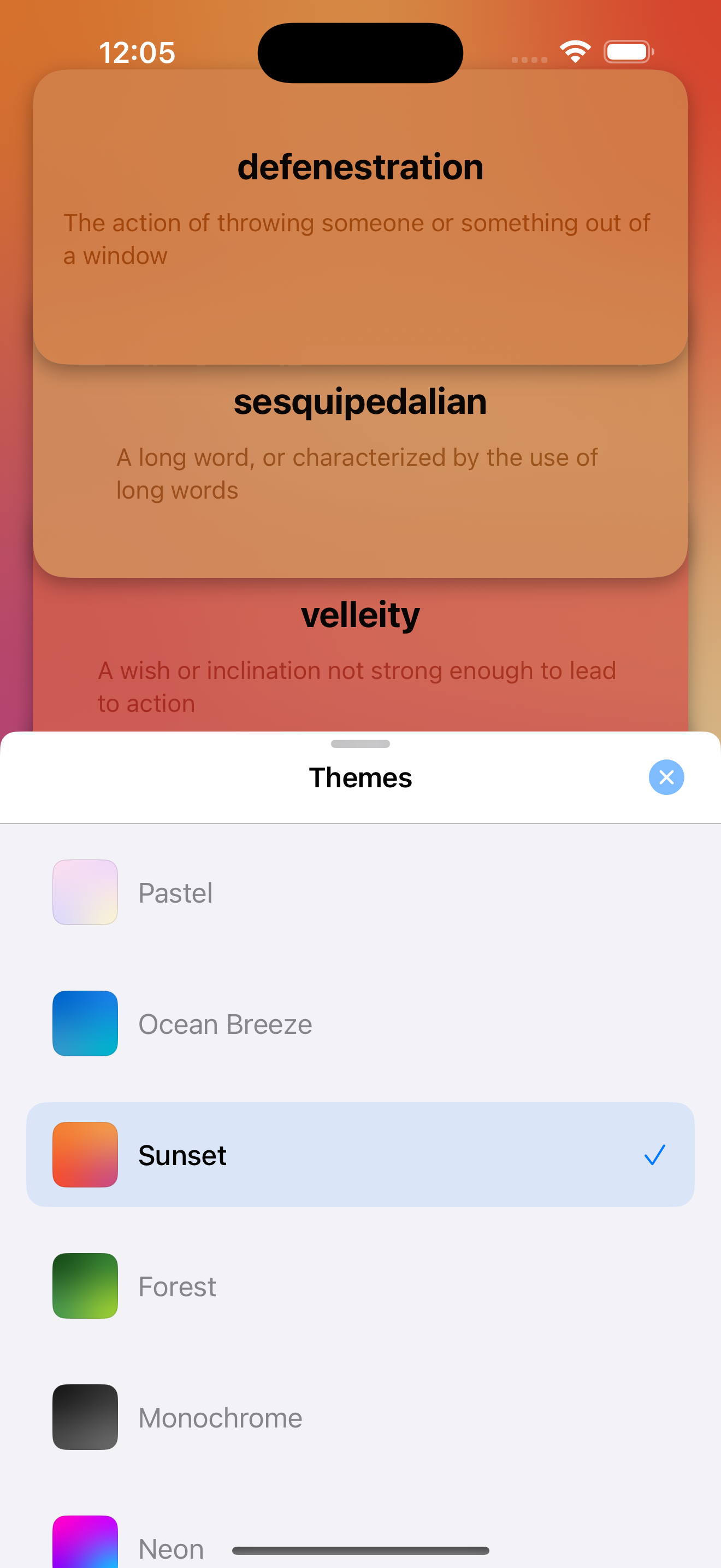 Snake Vocab themes selection screen