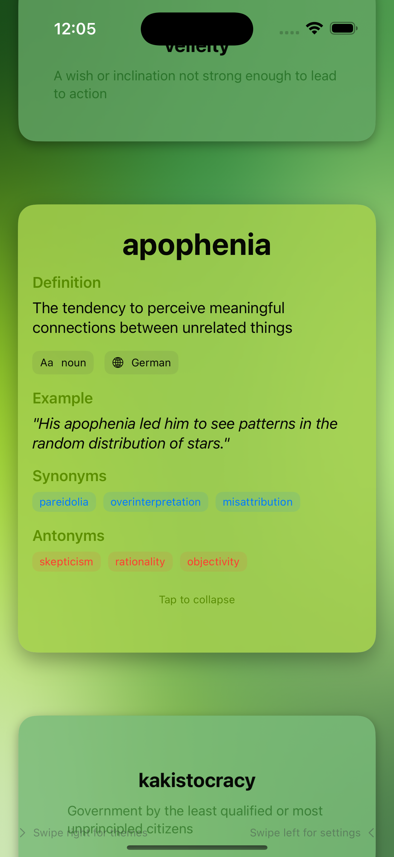 Snake Vocab in-depth word definition screen